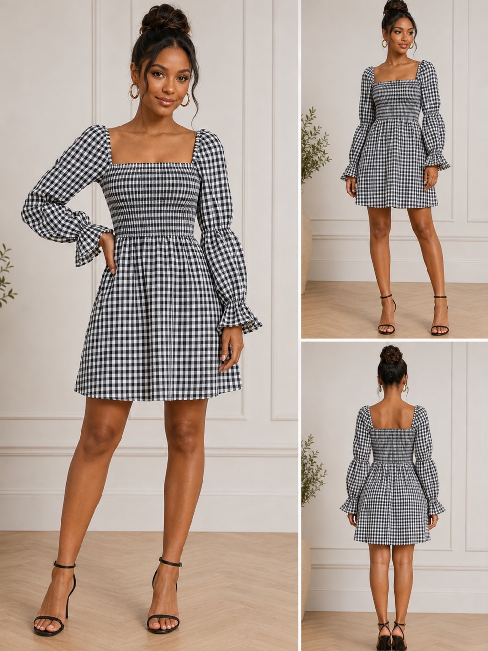 Reformation 100% Linen Gingham Smocked Mini Dress Puff Sleeve Size Small